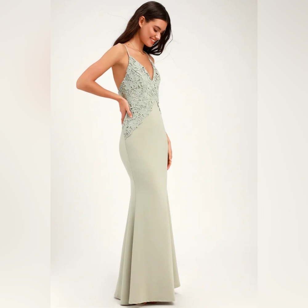 Lulus Katalina Sage Green Backless Crochet Lace Maxi Dress